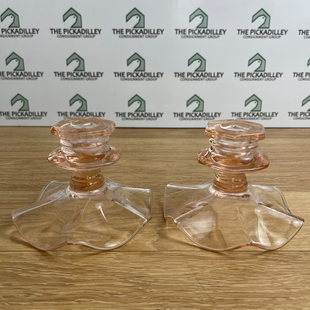 Vintage Pink Depression Glass Ruffled Base Hexagon Candle Holders Set of 2